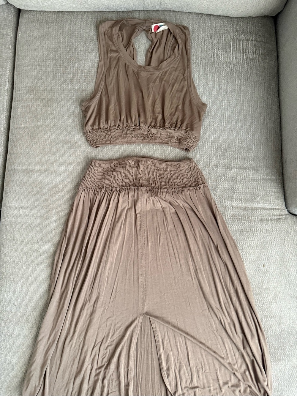 Free People Taupe Two-Piece Crop Top and Maxi High Low Skirt Set